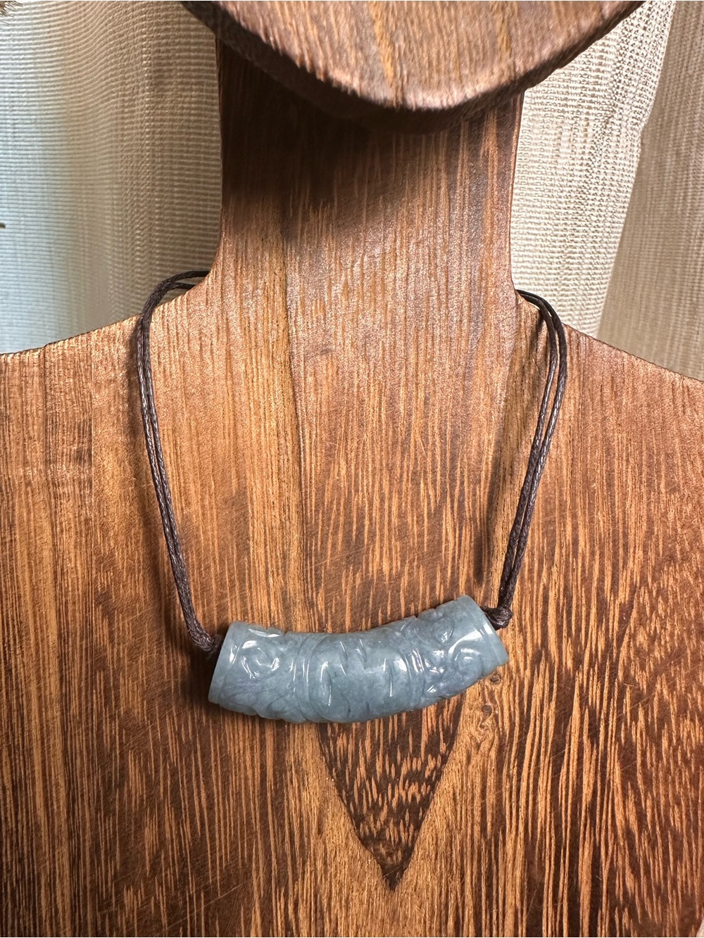 Green Jade Barrel Necklace on Brown Rope - Picture 6 of 16